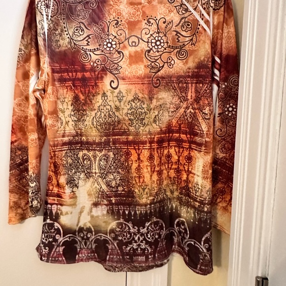 New Directions Orange Brown Graphic Embellished Blouse - Picture 6 of 7